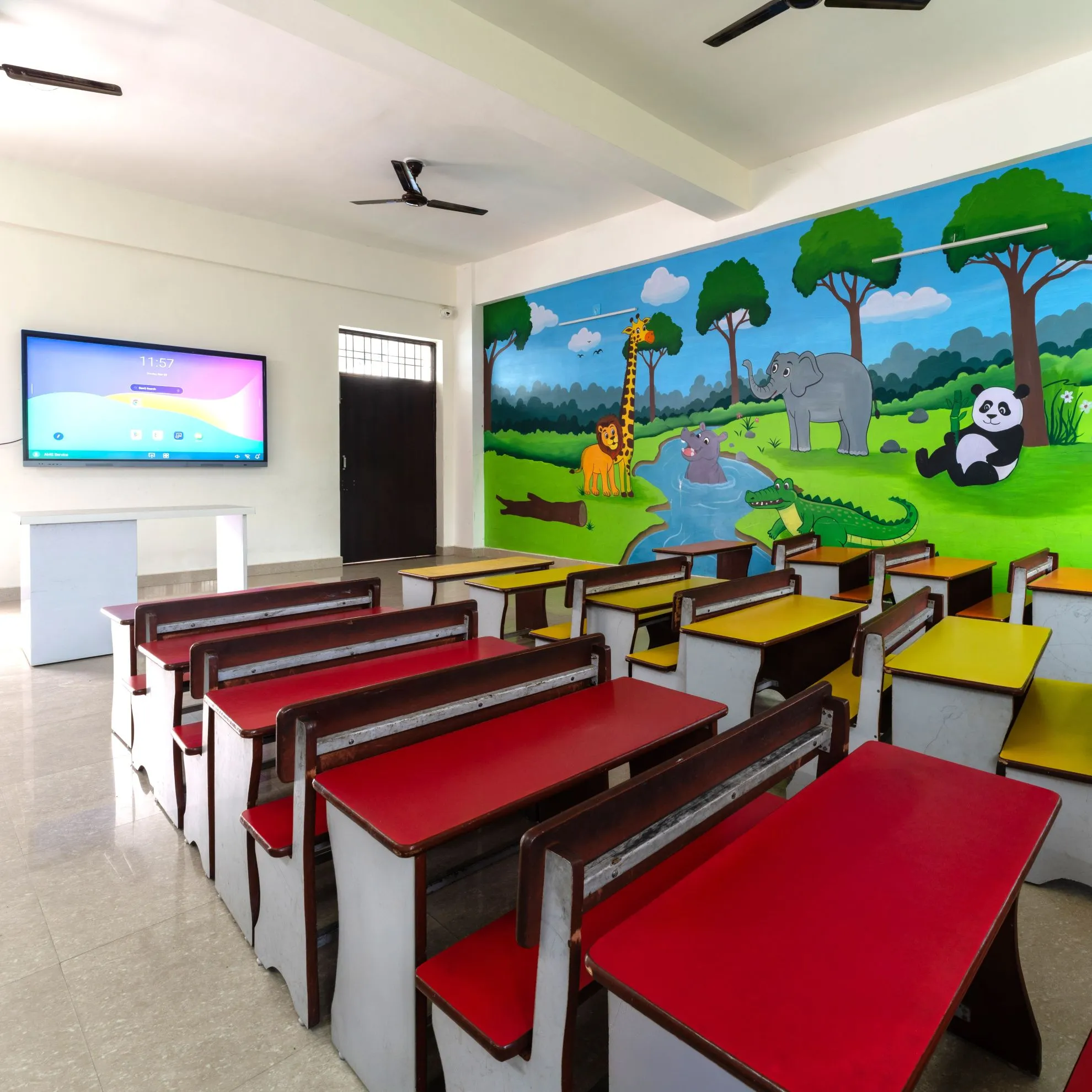 Modern classroom with colorful smart board furniture