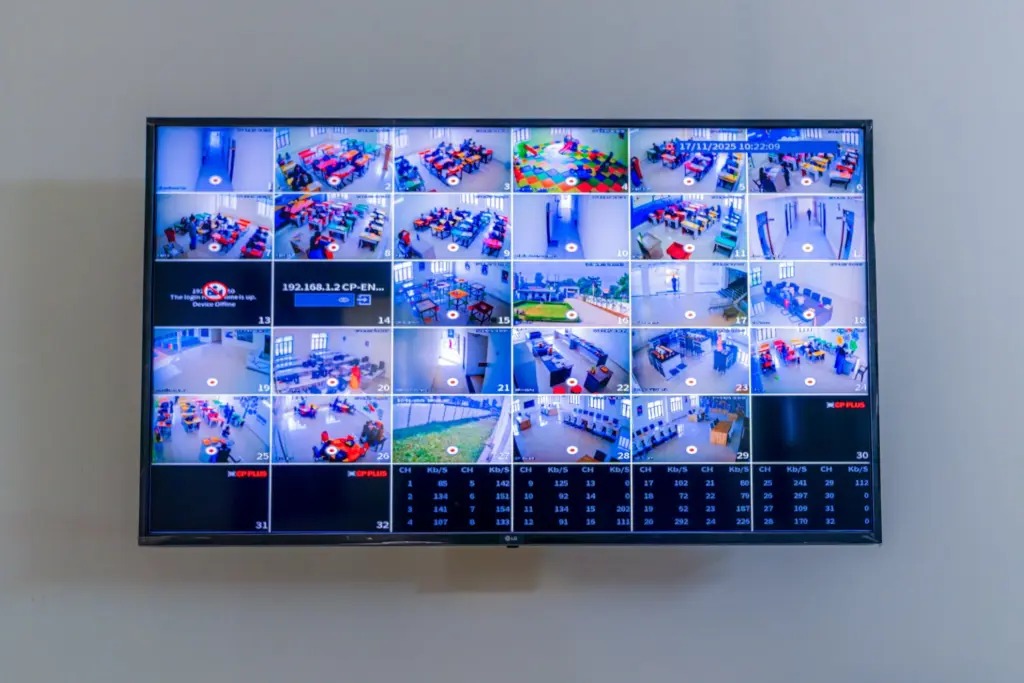 Central CCTV monitoring room with live feeds